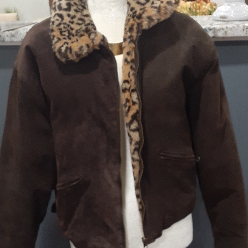 Vtg Joyce Leslie faux fur leopard and leather reversible bomber jacket size S - Picture 6 of 16